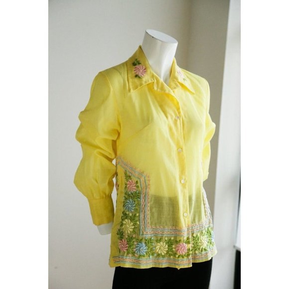 Vintage 70s Yellow Floral Embroidered Long Sleeve button down  Blouse Top S - Picture 7 of 9